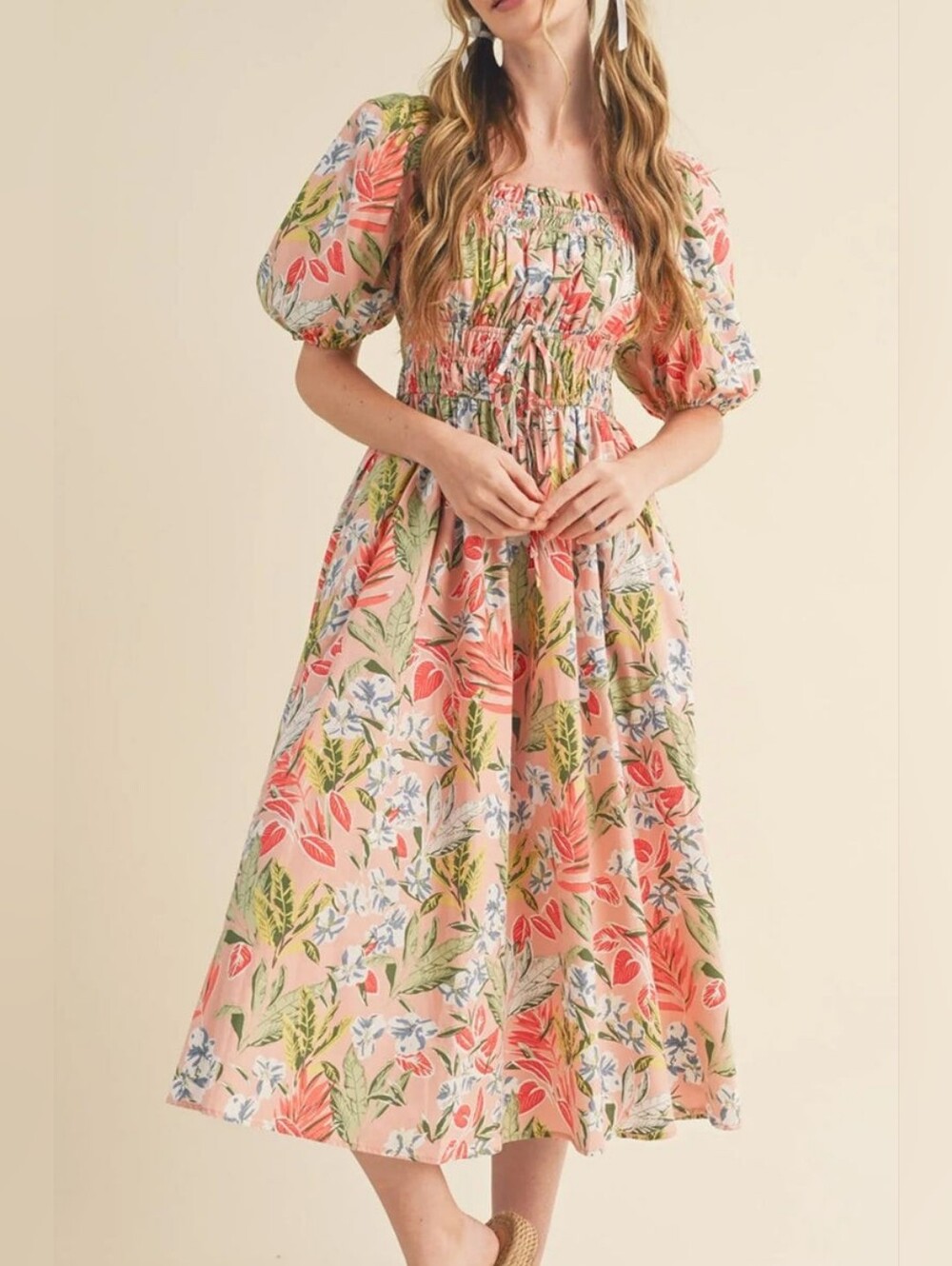 &merci Floral Smocked Puff Sleeve Midi Dress Size S Square Neck